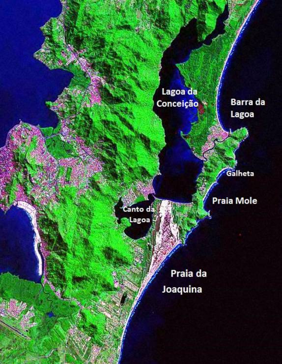 A região da lagoa da Conceição, em Florianópolis. O Canto da Lagoa fica ao sul e as principais praias são a Joaquina (surfe), Mole (badalação), Galheta (nudismo) e Barra da Lagoa (mochileiros)